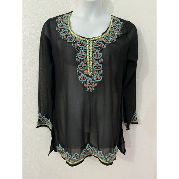 Nouveau beach Other - Nouveau Beach Women’s Sheer Black Beaded Beach Coverup Blingy Sexy Size L EUC